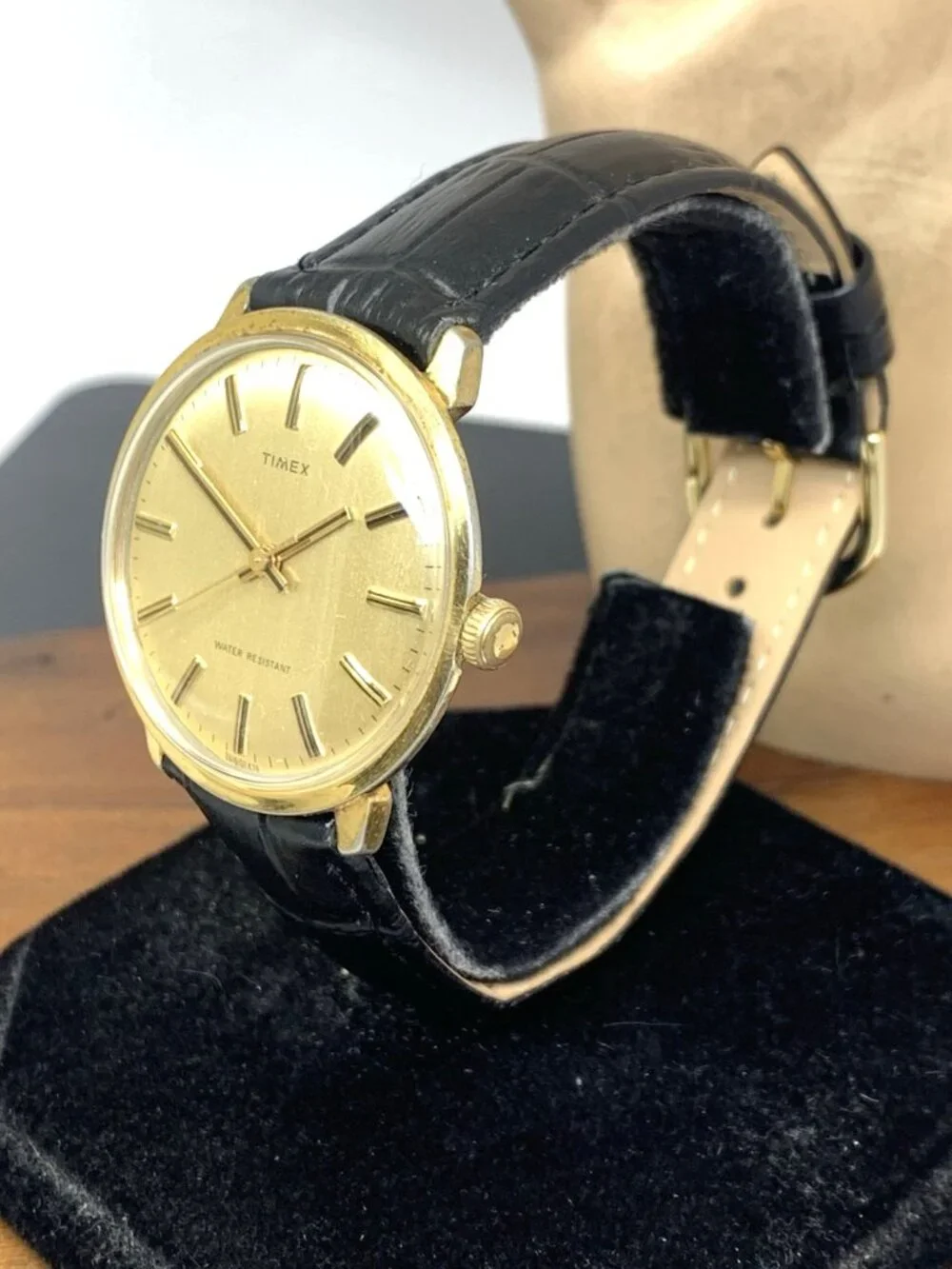 Timex Men's Watch Vintage Manual Wind Gold Dial Black Leather Strap 35mm